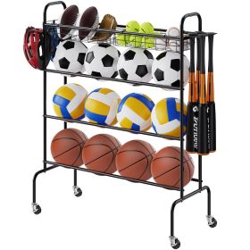 Basketball Rack, 4-Layers Rolling Basketball Shooting Training Stand, Sports Equipment Storage Organizer with Wheels, Hooks and Baskets
