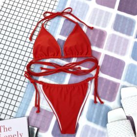 GNIM Sexy Brazilian Thong Bikini Mujer Swimwear Women 2019 Bandage Solid Swimsuit Micro Bikini Set Summer Beachwear Swim Suit (Color: Red, size: L)
