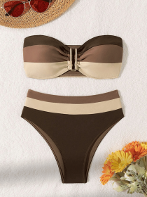 Women's two-piece coffee colored bikini swimsuit strapless fashion quick drying (size: L)