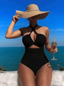 Ladies' cross pleated sexy hanging neck and exposed waist one-piece bikini swimsuit (Color: Black, size: M)