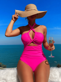 Ladies' cross pleated sexy hanging neck and exposed waist one-piece bikini swimsuit (Color: Pink, size: XL)