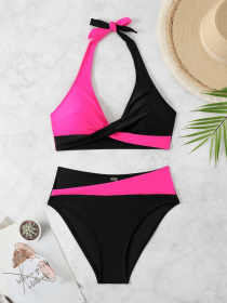Women's two-piece multi color quick drying fashionable bikini swimsuit (Color: rose pink, size: S)