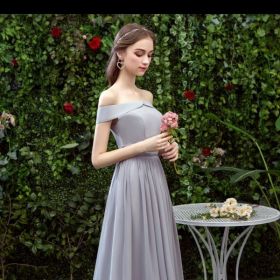 Bridesmaid Long Gray Bridesmaid Sisters Wedding Slimming Off-shoulder Banquet Dress (Option: Gray F-S)